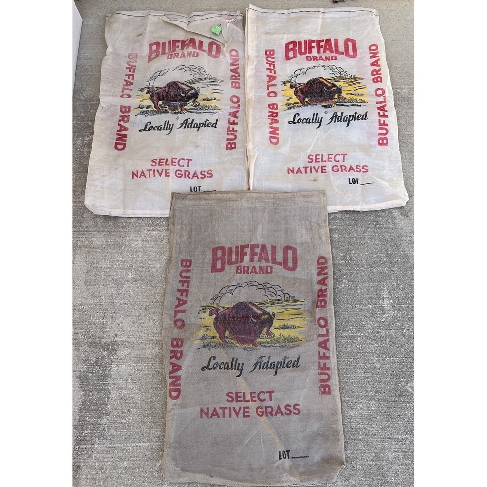 RARE LARGE Vintage Set of 3 Buffalo Brand Select Native Grass Burlap Bag 39 X 25